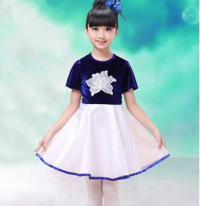 Short sleeves navy white patchwork girls kids children performance latin salsa cha cha dance dresses outfits costumes